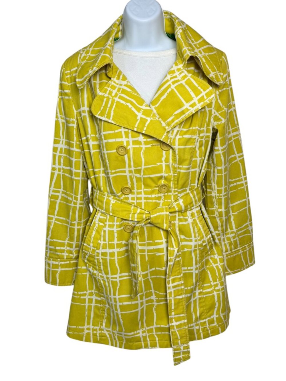 Merona Yellow Printed Belted Trench Coat L Double Breasted Lightweight